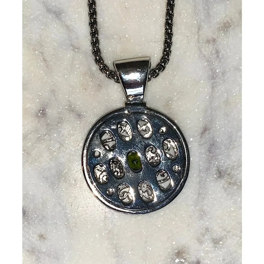 Silver Tone Round Crystal Gemstone Locket Style Scroll Pendant Necklace